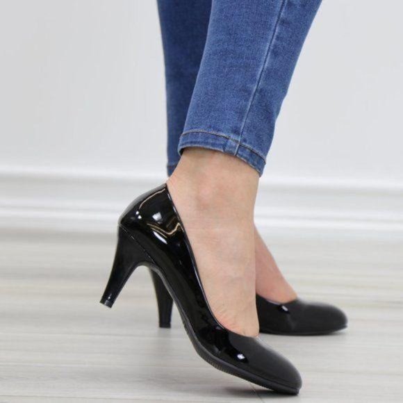 Black Paten Pointy Toe Kitten Low Heel Pumps - Picture 4 of 11
